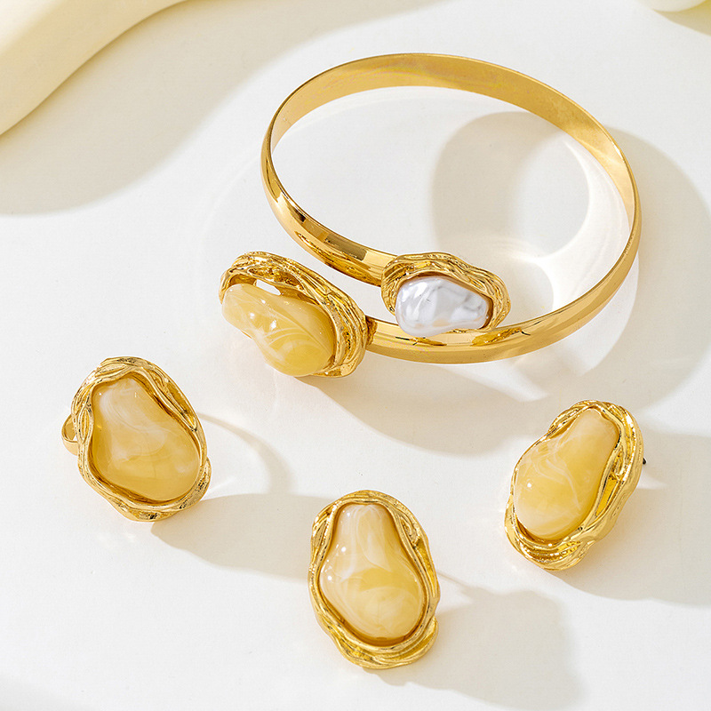 European And American Cross-Border Fashion Simple Bohemian Style Geometric Pearl Adjustable Open Bracelet Ring Set_voghion.com