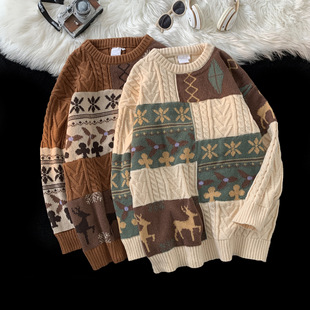 Foreign Trade Stitching Sweater Men's Winter Trendy Brand Couple Christmas Retro Autumn and Winter Boys Warm Lazy Style Knitted Sweater