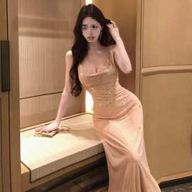 1356欧美东南亚批发2025女装重工镶钻纯欲荡领收腰礼服连衣裙