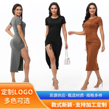 亚马逊欧美女装时尚性感修身短袖纯色抽绳不规则开衩中长款连衣裙