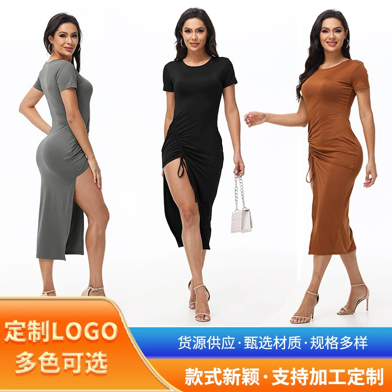 Amazon европейская и американская женская мода сексуальный стройный с короткими рукавами сплошной цвет шнурок нерегулярный разрез платье средней длиной