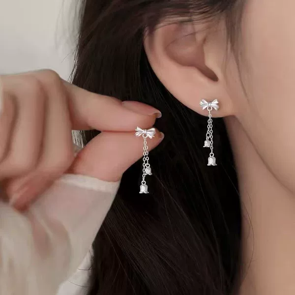 925 Sterling Silver Needle Bow Lily of the Valley Earrings Women's Niche 2025 New Popular Earrings High-End Earrings
