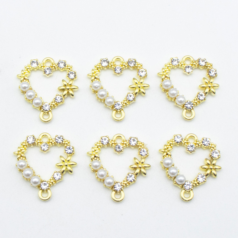 镶钻珍珠爱心圆环双吊合金挂件 手作DIY耳环耳饰项链头饰发饰配件