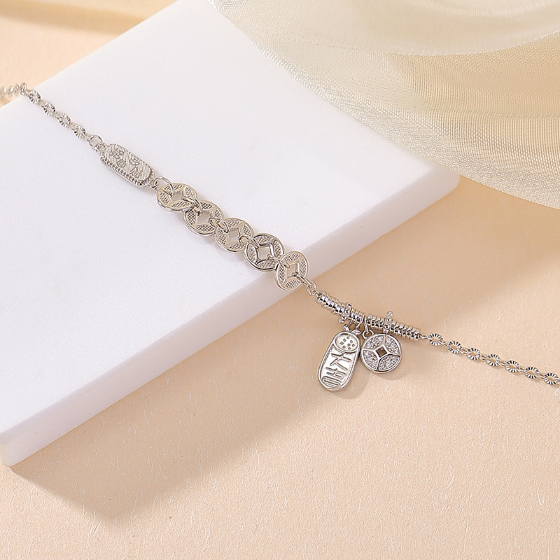 Dây chuyền bạc 925 mạ vàng mặt đồng tiền ngũ đế chiêu tài nạp phúc cát ngôn — Loại bạc
