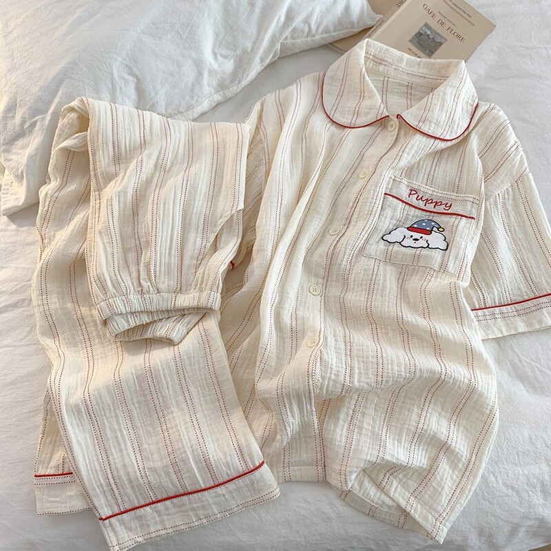 "Blue Hat Puppy" Sweet Doll Collar Pajamas for Women, Summer Pure Cotton Thin Short-Sleeve Long-Pants Homewear "Blue Hat Puppy" Sweet Doll Collar Pajamas for Women, Summer Pure Cotton Thin Short-Sleeve Long-Pants Homewear