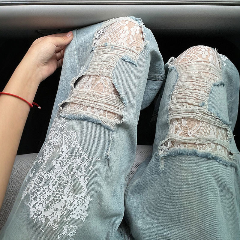 찢어진 레이스 와이드 레그 청바지 여성의 2025 년 봄과 여름 새로운 패션 디자인 느슨한 바닥 바지 [벨트 없음]