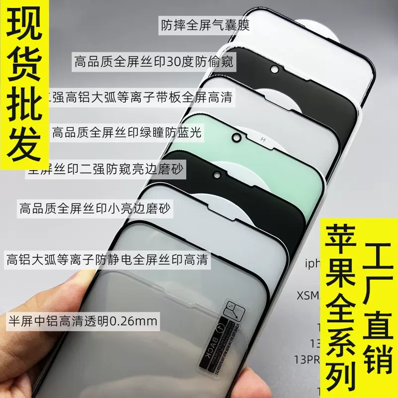 适用苹果16pro 15pro 13pro 11高铝12防蓝光14磨砂防窥电镀钢化膜
