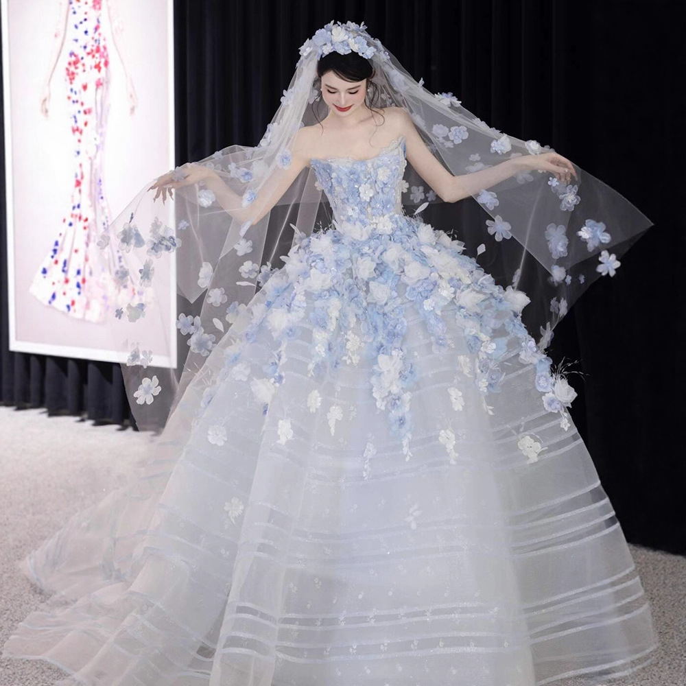 Blue Floral Strapless Evening Dress French Niche Host Banquet Evening Dress Elegant Light Luxury Runaway Princess Dress
