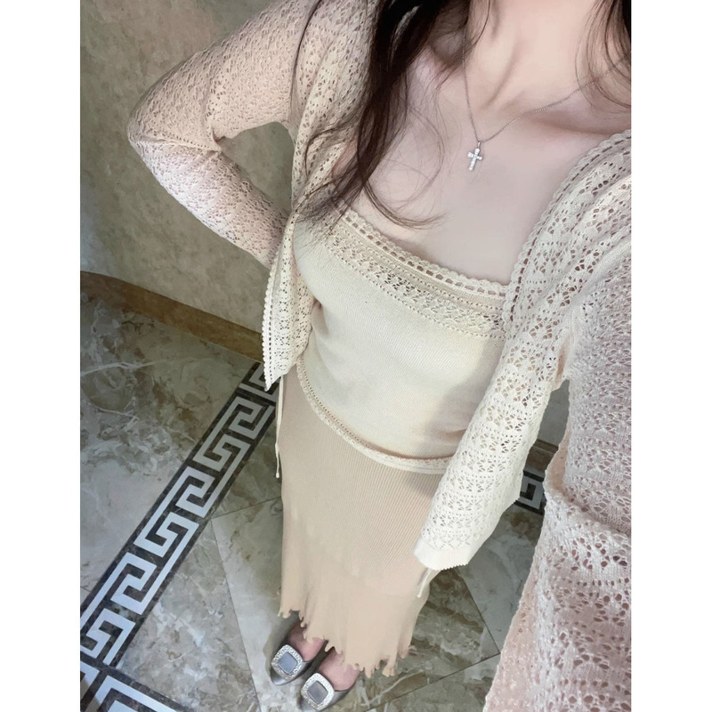 2025夏季新款套装法式纯欲微透针织薄款吊带开衫半身裙女三件套装|undefined