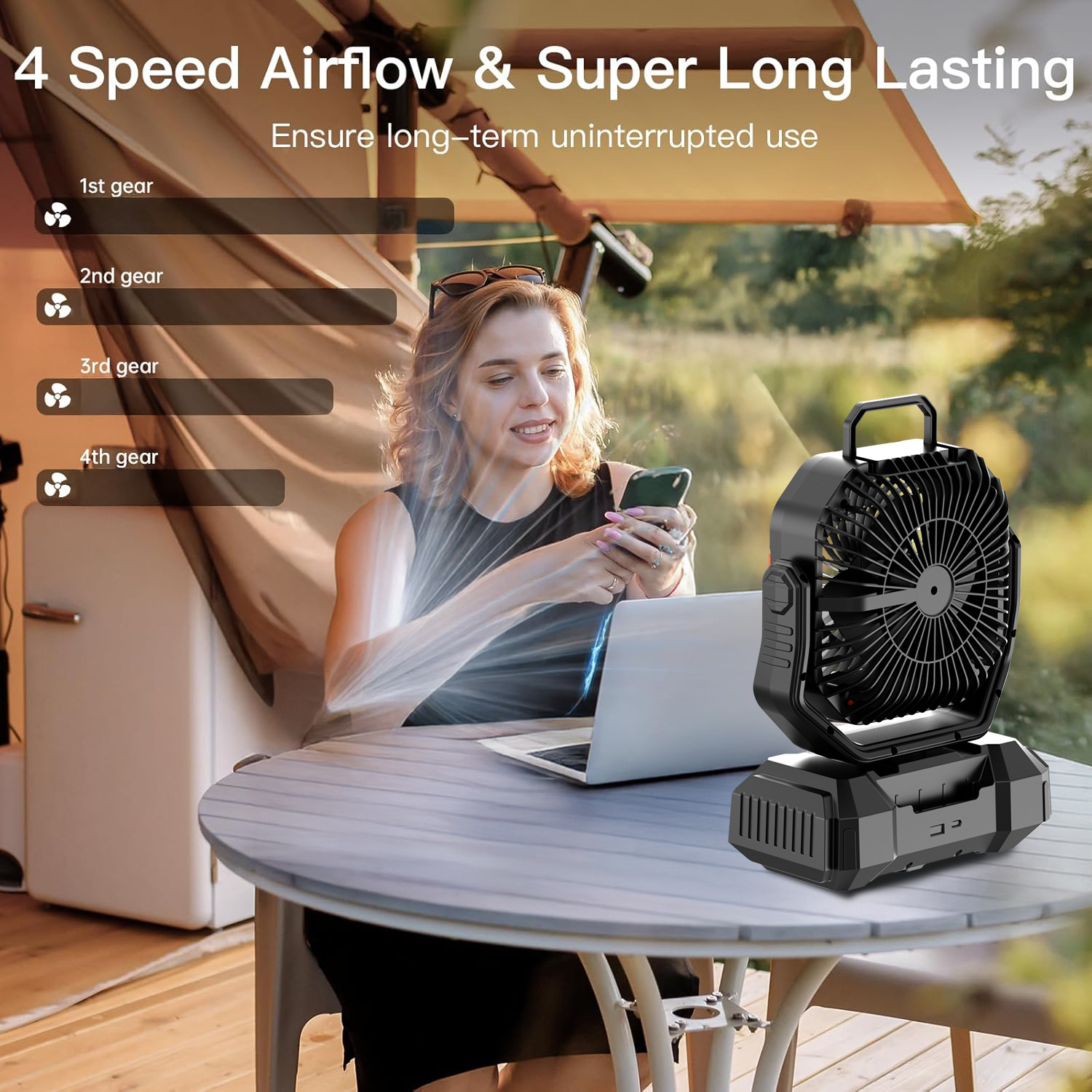Ventilador Portátil para Camping con Luz de Plástico PC Luz Nocturna, Función Power Bank, Recargable para Camping