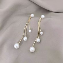 s925韩国东大门新款珍珠长款耳环潮流时尚百搭长款流苏珍珠耳饰
