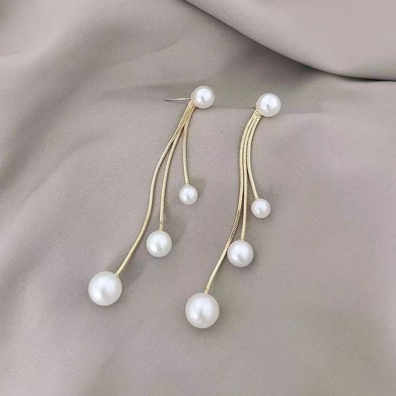 s925韩国东大门新款珍珠长款耳环潮流时尚百搭长款流苏珍珠耳饰
