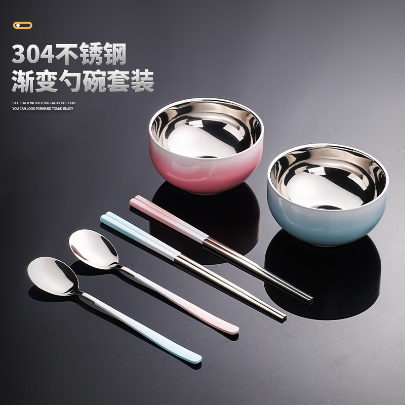 Wholesale 304 Stainless Steel Gradient Color Rice Bowl, Spoon and Chopsticks, Double-Layer Anti-Scalding Bowl, Macaron Color Tableware Set Wholesale 304 Stainless Steel Gradient Color Rice Bowl, Spoon and Chopsticks, Double-Layer Anti-Scalding Bowl, Macaron Color Tableware Set