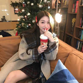 适美2025秋季甜美风格子连帽毛呢外套女装中长款两穿宽松显瘦大衣