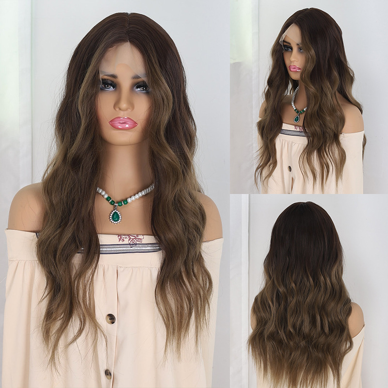 European and American Wigs, Long Curly Hair, Elastic Mesh Headband, Lace Front Gradient Color Wig, Adjustable Realistic Wig for Women