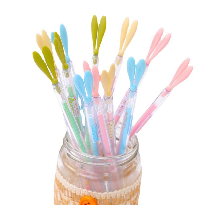 Lindo dibujos animados fresco luminoso conejo largo oído firma pluma con enchufe de polvo pluma de gel pluma de agua de alta calidad