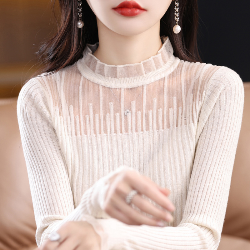 Lace Base Shirt Women's Spring and Autumn 2025 New Early Spring Half-high Collar Soft Waxy Skin-friendly Shirt Thin Sweater Top