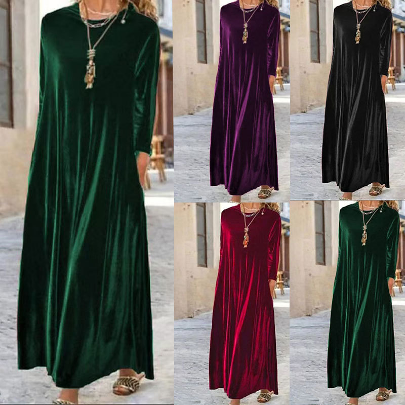 2026 Cross-Border Amazon European and American Loose Dress New Pure Color Gold Velvet Long Skirt Foreign Trade