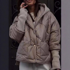 2025独立站秋冬欧美跨境时尚宽松毛衣拼接开衫立领女式外套棉服