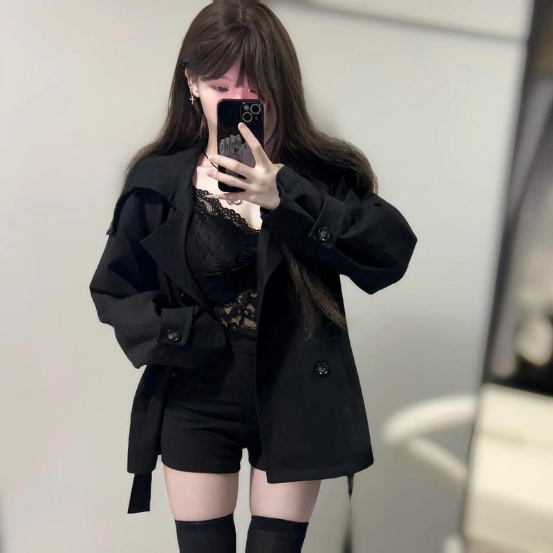 英伦风短款风衣黑色双排扣女小个子秋冬新款高级感收腰小香风外套|undefined