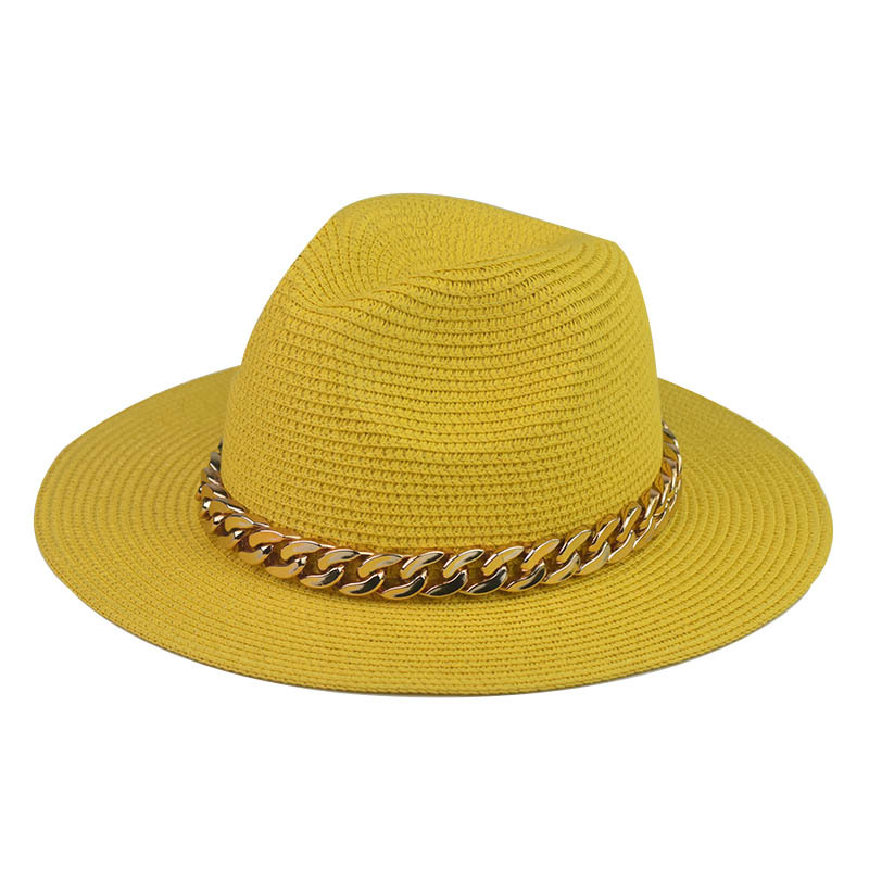 Comercio exterior transfronterizo Four Seasons Sombrero de paja de cadena grande de oro Cadena de sombrero de paja de Jazz de ala grande Sombrero de paja de tapa plana
