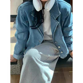 现韩国东大门2025秋款翻领系扣短款长袖牛仔外套女