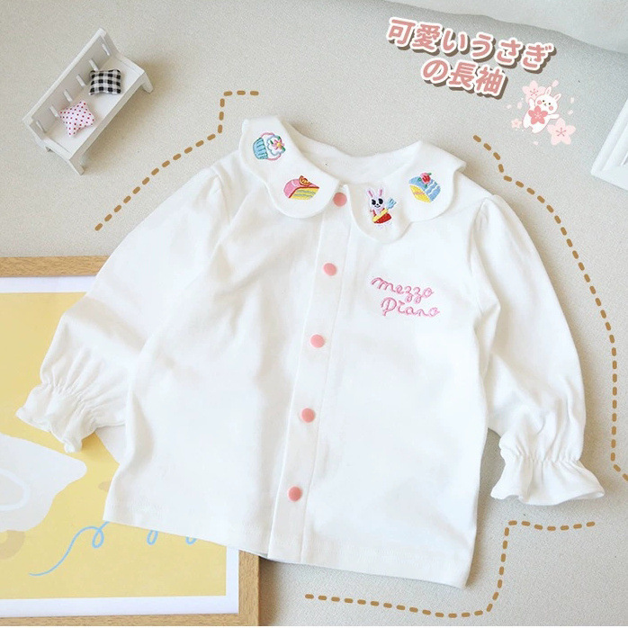 中小子供綿Tシャツ日系miki25春秋女宝白色シャツ長袖tシャツ綿刺繍襟付きシャツ|undefined