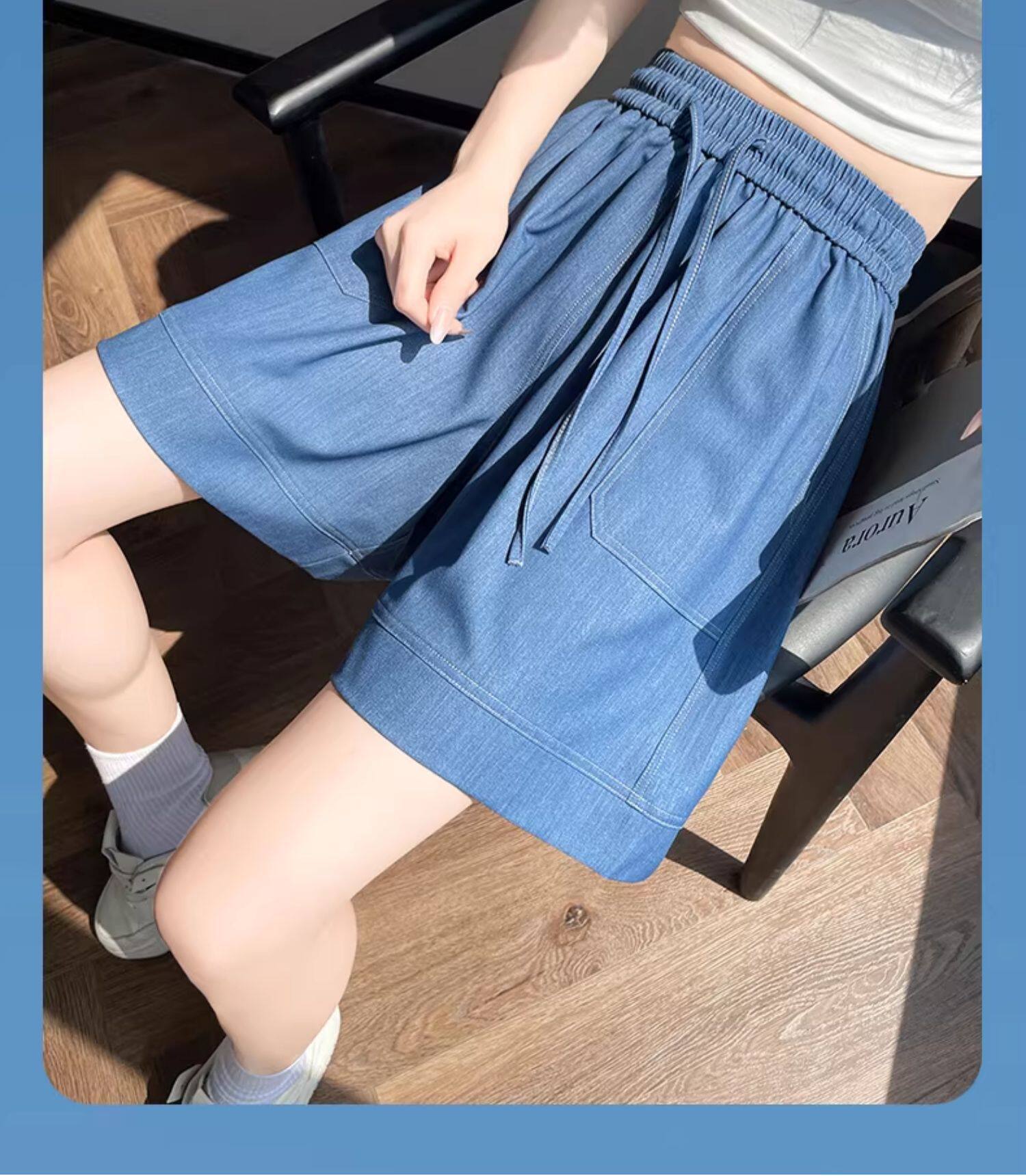 Quần short jean nữ lưng cao ống rộng chất liệu tơ tằm mát mẻ — màu xanh nhạt chi tiết 16
