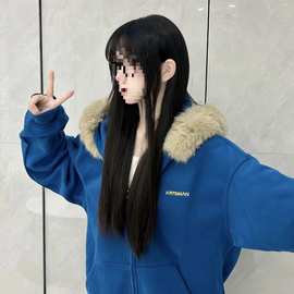 秋冬蓝色连帽卫衣女大毛领设计宽松休闲保暖拉链外套女上衣ins风
