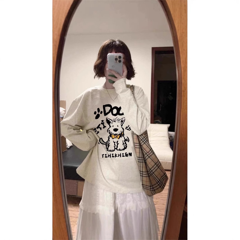 Gray Pure Cotton High Street Retro Long-Sleeve T-Shirt for Men and Women, New Spring Style, Slim Fit for Petite Figures, Loose Inner Layer Base Shirt