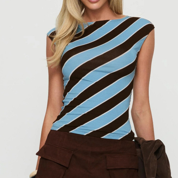 欧美跨境女装独立站速卖通优雅设计感条纹撞色数码印花T恤上衣百