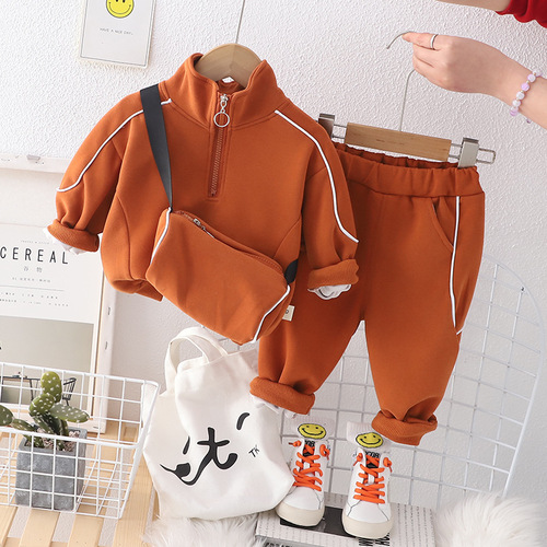 Boys' Spring and Autumn Set Trendy  New Autumn Outfit Crossbody Bag Long Sleeve Hoodie Two-Piece Set Baby Autumn Style Fashion