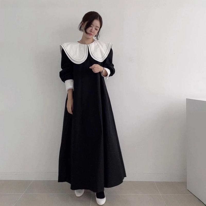 Korean Chic Autum Age-Reducing Contrasting Color Double-Layer Doll Collar Lace Embellished Loose Puff Sleeve Long Dress for Women Korean Chic Autum Age-Reducing Contrasting Color Double-Layer Doll Collar Lace Embellished Loose Puff Sleeve Long Dress for Women