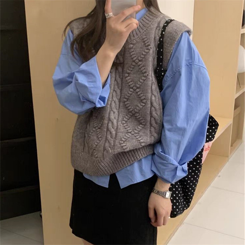 女性のためのハイエンドの麻模様のラウンドネックセーターベスト春の新しいルーズレイヤードニットベストトップアウター|undefined