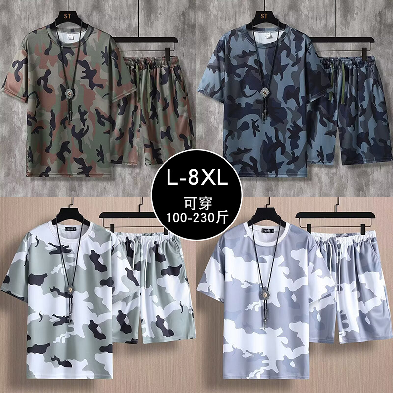 厂家批发夏季迷彩运动套装男户外活动速干运动服短袖T恤休闲两件