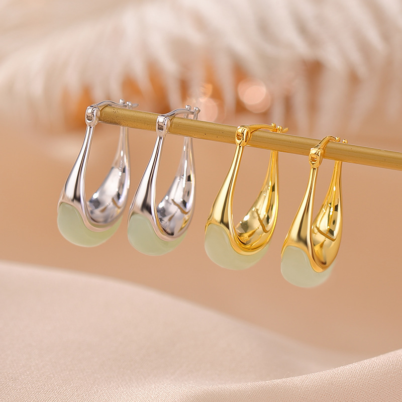 Khuyên tai nữ hình lưỡi liềm bạc S925 mạ vàng đính ngọc Hetian — Kiểu màu bạc, Kiểu màu vàng