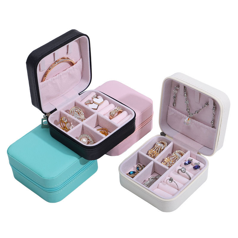 Caja de almacenamiento de joyería de cuero de PU portátil caja de embalaje de joyería de cremallera caja de joyería de almacenamiento de viaje con caja de collar de anillo de espejo