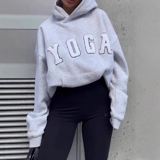 New Casual Gray Embroidered YOGA Printed Loose Hooded Women's Sweatshirt_voghion.com