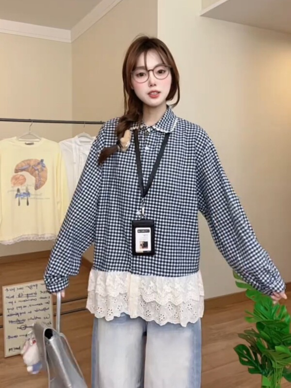 大码胖mm拼接格子衬衫女士假两件娃娃领衬衣秋季新款宽松显瘦上衣|undefined