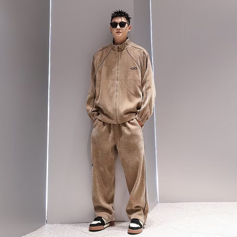 春秋灯芯绒条纹立领宽松美式英伦复古潮牌情侣装夹克外套男女套装