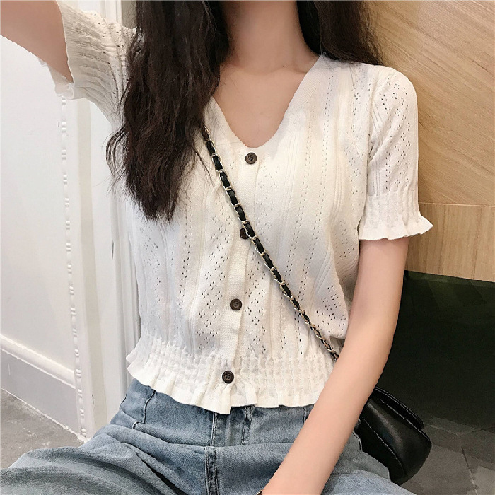 526#2025 Thin Knitted V-Neck Hollow Short Sleeve T-Shirt Women's Summer New Casual Ice Silk Fairy Short