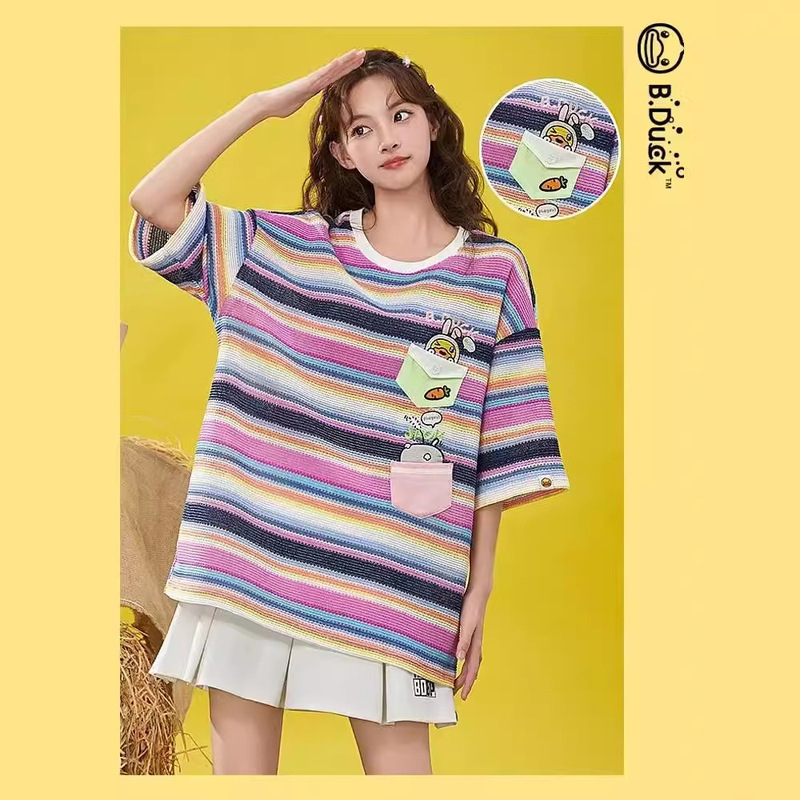 in stock Original Fabric 200g Pocket Embroidered Rib Collar# Pillow Duck 2024 Summer New Short Sleeve T-Shirt Women