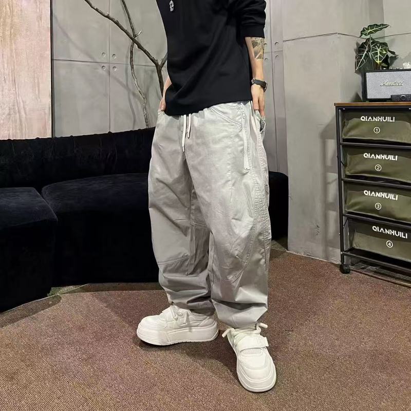 秋季新品高街时尚弯刀多口袋拼接线条抽绳阔腿宽松男士休闲长裤|undefined