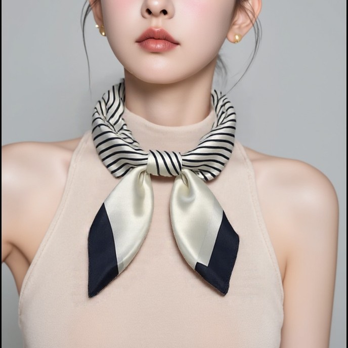 Pañuelo cuadrado pequeño de 70cm a rayas blancas y negras de estilo coreano dulce y simple, bufanda de seda para mujer, bufanda de moda de todo fósforo de primavera y otoño, bufanda profesional