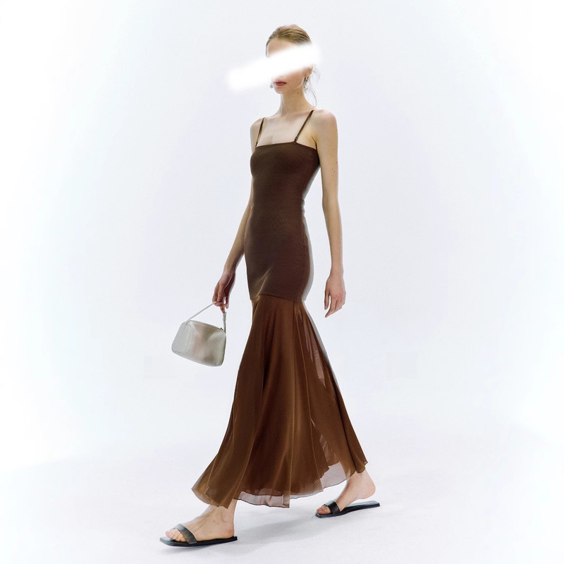 New Summer Long Dress, Highly Recommended for Slimming Effect, Ribbed Mesh Splicing, High-Quality Stretchy Two-Way Wear Slip Dress