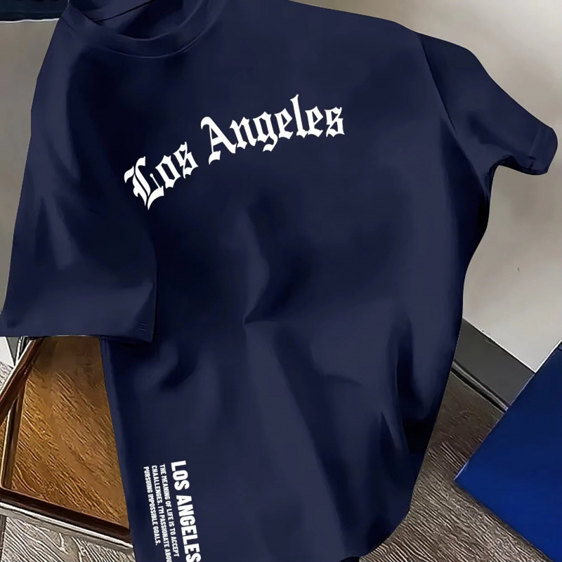 Men's Clothing Men's 100% Cotton Fashion T-Shirt Casual Loose Fit Crew Neck Short Sleeve Los Angeles Letter Print Comfortable Wear Top_voghion.com