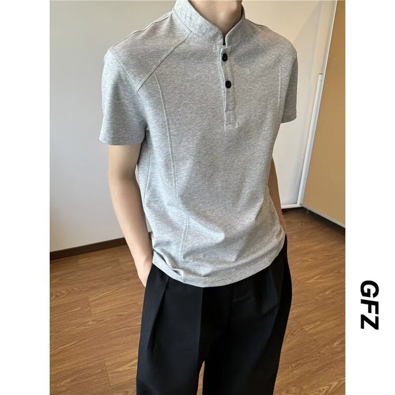 美式复古亨利领恤男款夏季短袖正肩显瘦短款上衣|undefined