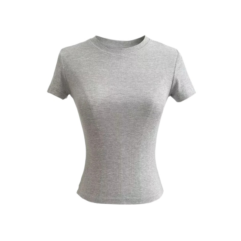 European and American Retro Round Neck Tight Short-Sleeved T-Shirt Women's Basic Versatile Stretch Slim-Fit Solid Color Outer-Wearing Short Top