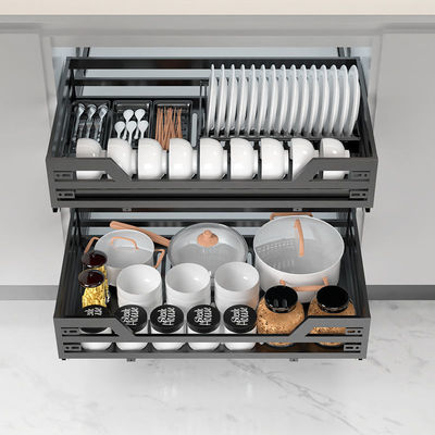 黑304拉籃不鏽鋼阻尼緩沖櫥櫃拉籃抽屜式碗架雙層廚房碗碟籃