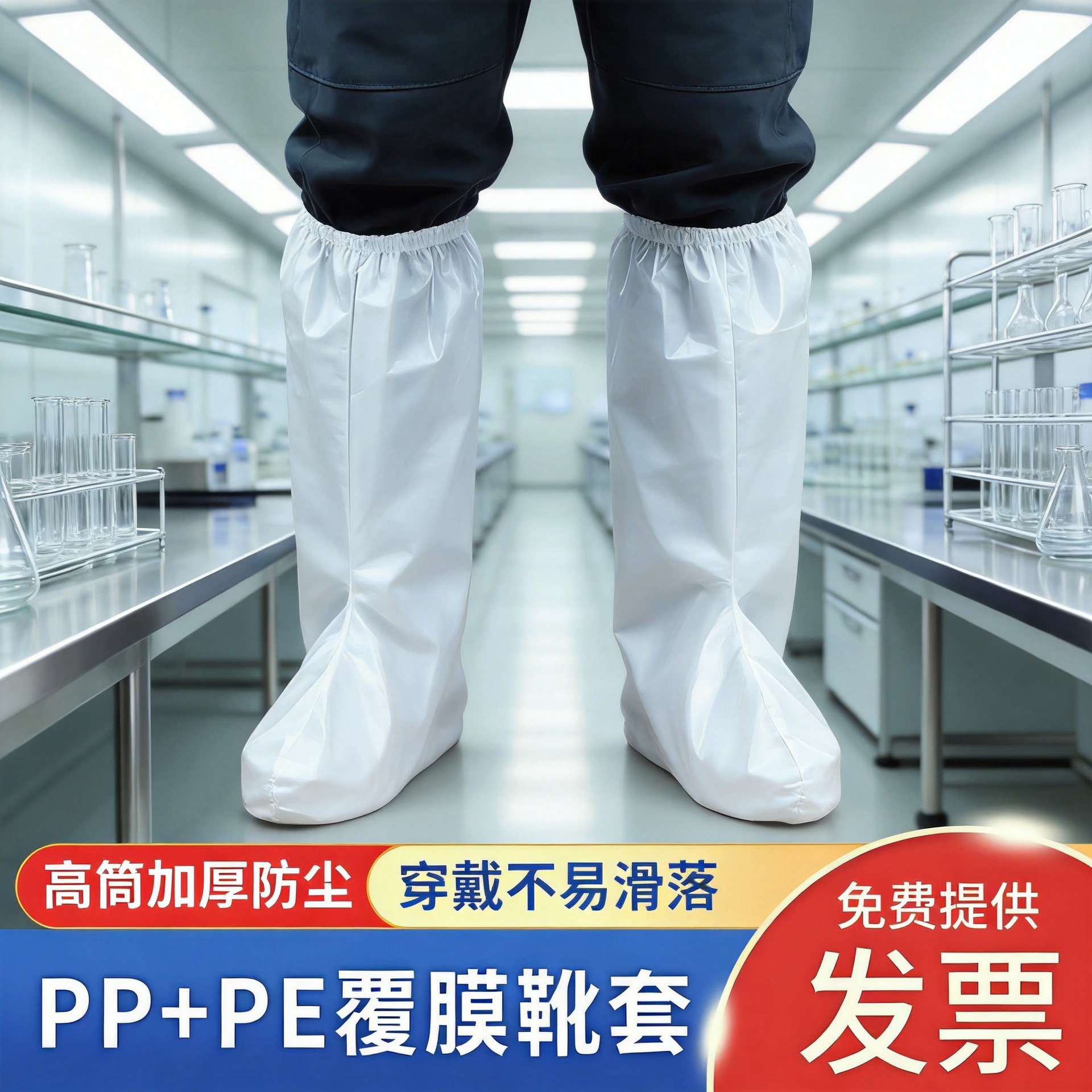 Cubre zapatos desechables de tela no tejida recubierta de PP+PE, cubre botas largas impermeables con doble nervadura, correa de cintura alta, transpirables y a prueba de polvo
